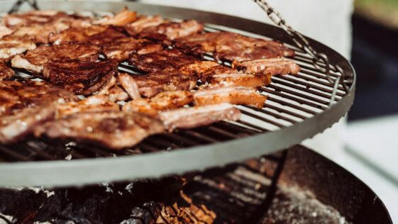 grilled meat on hanging grill basket