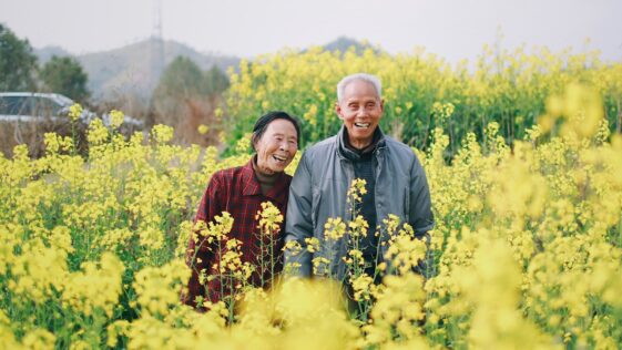 man and woman standing surrounded by yellow flowers