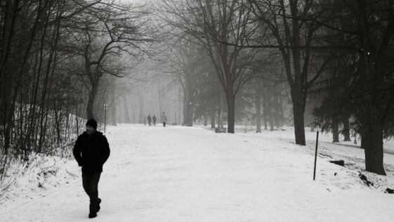 a person walking down a snow covered road