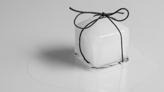 a white square box tied with a black string