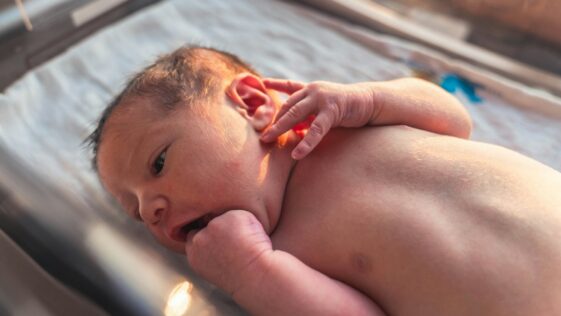 topless baby lying on blue textile