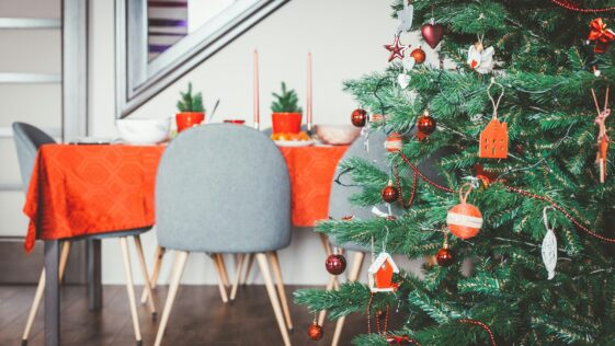 Christmas tree near table