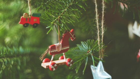 red and white plastic toy on green pine tree