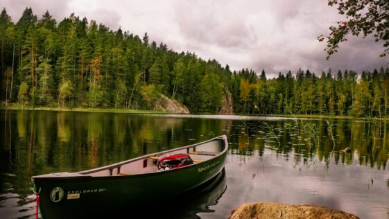 red and white canoe on lake near green trees under white clouds during daytime