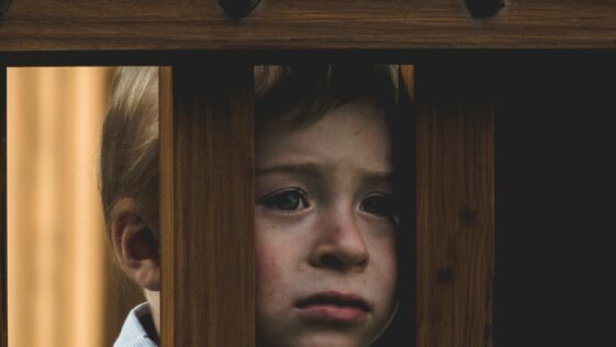 boy leaning on brown wooden railings